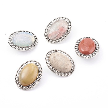 Mixed Gemstone Brooch, with Alloy Findings, Oval, Antique Silver, 33.5x26.5x12mm