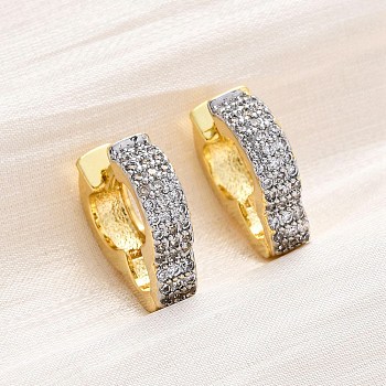 Brass Micro Pave Clear Cubic Zirconia Hoop Earrings, Long-Lasting Plated, Lead Free & Cadmium Free, Cross, Real 18K Gold Plated, 15.5x18.5x4mm