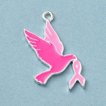 Breast Cancer Pink Awareness Ribbon Theme Alloy Enamel Pendants, Silver, Bird, 27x15.5x1.4mm, Hole: 1.5mm