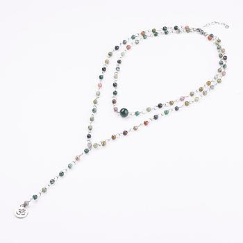 Natural Indian Agate Lariat Necklaces, with Stainless Steel Findings and Yoga Charms, Packing Box, 33 inch(84cm)