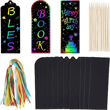 Bookmarks Making Kit, with Blank Paper Cards with Hole, Ribbon and Bamboo Sticks, for DIY Scratch Art Paper Magic Bookmark Gift Tags, Black, 150x50x0.2mm, Hole: 3mm
