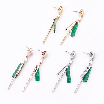 304 Stainless Steel Dangle Earrings, with Synthetic Malachite, Mixed Color, 51.5mm, Pin: 0.7mm