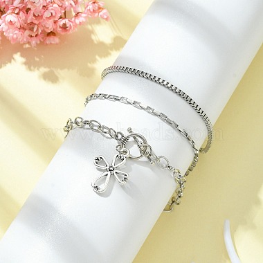 3Pcs 3 Style 316 Surgical Stainless Steel Box & Venetian Chain Bracelets Set with Corss Charms(BJEW-FS0001-07)-2