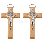 Wood Big Pendants, with Alloy Finding, Cross with Jesus, Sandy Brown, 110.5x64x23mm, Hole: 12x21mm(WOOD-WH0063-05A)