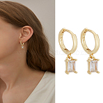 1 Pair Brass Micro Pave Cubic Zirconia Hoop Earrings, Rectangle, Seashell Color, 21.5x12mm(EJEW-LP0004-74B)