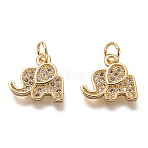 Brass Micro Pave Clear Cubic Zirconia Charms, Cadmium Free & Lead Free, Long-Lasting Plated, with Jump Ring, Elephant, Golden, 11.5x12x2mm, Jump Ring: 5x1mm, 3mm Inner Diameter(ZIRC-C020-35G)