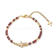 Cross Cubic Zirconia Beaded Bracelet for Girl Women, Natural  Garnet & Brass Beads Bracelet, Golden, 7-5/8 inch(19.5cm)(BJEW-JB06848-02)