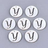 Natural Freshwater Shell Charms, Flat Round with Hollow Out Letter, Letter.Y, 14.5x1.5mm, Hole: 0.9mm(SHEL-S276-119Y)