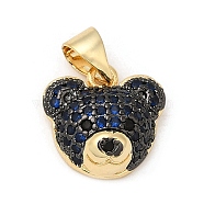 Rack Plating Brass Micro Pave Cubic Zirconia Charms, Cadmium Free & Lead Free, Real 18K Gold Plated, Long-Lasting Plated, Bear Head Charm, Blue, 11.5x12x5mm, Hole: 3.5x4.5mm(KK-G456-23G-07)