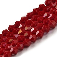 Opaque Solid Color Electroplate Glass Beads Strands, AB Color Plated, Faceted, Bicone, Dark Red, 4x4mm, Hole: 0.8mm, about 82~85pcs/strand, 12.01~12.2 inch(30.5~31cm)(EGLA-A039-P4mm-L01)