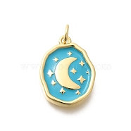 Rack Plating Brass Enamel Pendants, with Jump Ring, Long-Lasting Plated, Lead Free & Cadmium Free, Oval with Moon & Star Charms, Real 18K Gold Plated, Turquoise, 18.5x14x3mm, Hole: 3.5mm(KK-L225-029G-01)