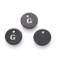 Freshwater Shell Charms, with Gold Blocking Letter, Dyed, Flat Round, Black, Letter.G, 11x1.5mm, Hole: 1.5mm(SHEL-S253-16G)