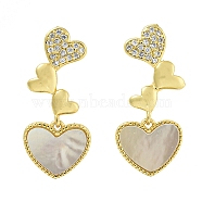 Heart Brass Clear Cubic Zirconia Dangle Stud Earrings, with Shell, Lead Free & Cadmium Free, Real 18K Gold Plated, 23x11.5mm(EJEW-Q390-07G)