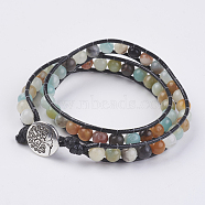 Natural Flower Amazonite Wrap Bracelet, with Tibetan Style Clasps, Tree of Life, Two Loops, 15-1/8 inch(38.5cm)(BJEW-JB03613-01)