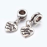 Men Valentines Day Gift Ideas Alloy European Dangle Charms, Heart, Antique Silver, 22mm, Hole: 5mm(PALLOY-JF00001-15)