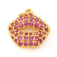 Brass Micro Pave Cubic Zirconia Charms, Makeup Charms, with Jump Rings, Lip, Fuchsia, Real 18K Gold Plated, 11x11.5x3mm, Jump Ring: 4x0.5mm, Hole: 2.5mm(KK-I672-18G-A)