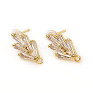 Brass Stud Earring Findings, with Loops, Clear Cubic Zirconia and Ear Nuts, Grass, Golden, 14.2x7.5mm, Hole: 1mm, Pin: 0.8mm(X-ZIRC-L096-16G)