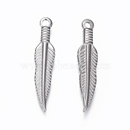 304 Stainless Steel Pendants, Feather, Stainless Steel Color, 27~29x6x2.5mm, Hole: 1.6mm(STAS-F187-29AS)