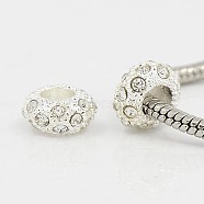 Alloy Rhinestone European Beads, Large Hole Beads, Rondelle, Silver Color Plated, Crystal, 11x6mm, Hole: 5mm(CPDL-H999-10)