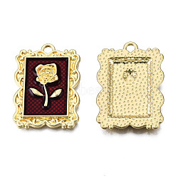 Alloy Pendants, with Enamel, Rectangle with Rose Flower, Golden, Dark Red, 27.5x19.5x3.5mm, Hole: 2mm(X-ENAM-R053-002A)