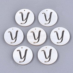 Natural Freshwater Shell Charms, Flat Round with Hollow Out Letter, Letter.Y, 14.5x1.5mm, Hole: 0.9mm(SHEL-S276-119Y)