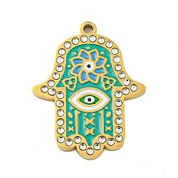 Ion Plating(IP) 304 Stainless Steel Rhinestone Pendants, with Enamel, Hamsa Hand with Flower & Evil Eye Charm, Real 18K Gold Plated, 26x20.5x2mm, Hole: 1.6mm(STAS-U007-11B-G)