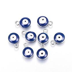 304 Stainless Steel Enamel Charms, Flat Round with Evil Eye, Stainless Steel Color, Medium Blue, 8.5x6x4mm, Hole: 1mm(STAS-G122-24F)