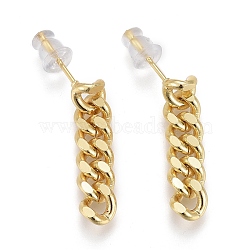 Brass Curb Chain Dangle Stud Earrings, Faceted, with Plastic Ear Nuts, Long-Lasting Plated, Real 18K Gold Plated, 25x6mm, Pin: 1mm(X-EJEW-F260-07B-G)