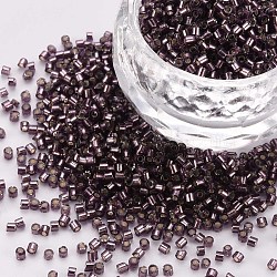 Glass Cylinder Beads, Seed Beads, Silver Lined, Round Hole, Purple, 1.5~2x1~2mm, Hole: 0.8mm, about 80000pcs/bag, about 1pound/bag(SEED-S047-R-007)