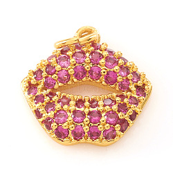 Brass Micro Pave Cubic Zirconia Charms, Makeup Charms, with Jump Rings, Lip, Fuchsia, Real 18K Gold Plated, 11x11.5x3mm, Jump Ring: 4x0.5mm, Hole: 2.5mm(KK-I672-18G-A)