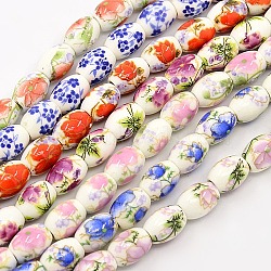 Handmade Flower Printed Porcelain Barrel Beads Strands, Mixed Color, 10x8mm, Hole: 2.5mm, about 35pcs/strand, 14.56 inch(PORC-L005-A-M)