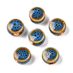 Handmade Porcelain Ceramic Beads, Famille Rose Style, Flat Round, Deep Sky Blue, 12x7mm, Hole: 2mm(PORC-Q265-008E-A)