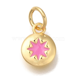 Rack Plating Brass Charms, with Enamel and Jump Ring, Cadmium Free & Lead Free, Long-Lasting Plated, Real 18K Gold Plated, Flat Round with Sun Charm, Pearl Pink, 9.5x7x1.5mm, Hole: 3mm(KK-I720-51G-02)