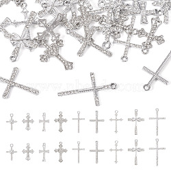36Pcs 9 Styles Religion Themed Alloy Pendants, with Crystal Rhinestone, Cross Charms, Platinum, 25.5~34x15~21x2~4mm, Hole: 1.8~2.3mm, 4pcs/style(FIND-TA0002-56)