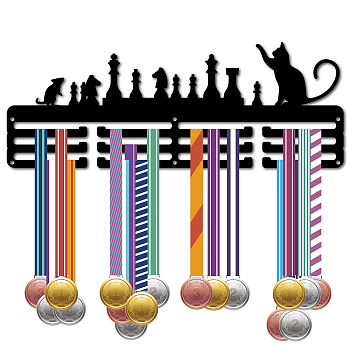 Fashion Iron Medal Hanger Holder Display Wall Rack, 3-Line, with Screws, Black, Chess & Rat, Cat Shape, 150x400mm, Hole: 5mm