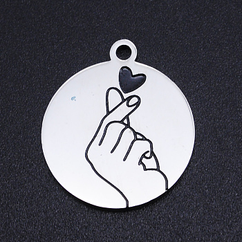 201 Stainless Steel Etched ASL Pendants, Flat Round with Gesture I Love You & Heart, for Valentine's Day, Stainless Steel Color, 22x19x1.5mm, Hole: 1.8mm