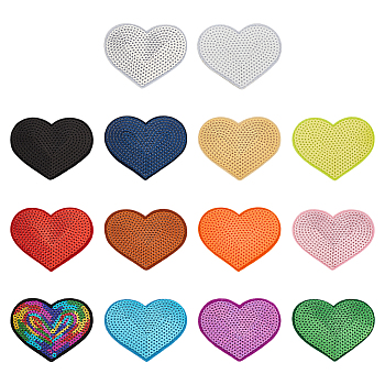 28Pcs 14 Styles Embroidery Thread Sew on Hot Melt Glue Blankets Cloth, with Paillette, Cloth Accessories, Appliques, Heart, Mixed Color, 51~69x57~85x1~1.5mm, 2pcs/style