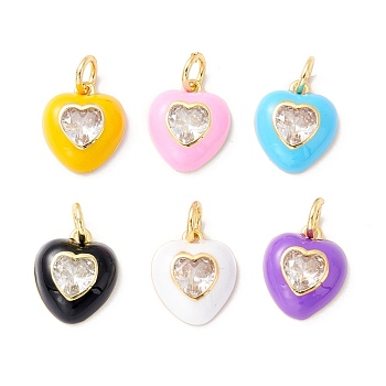 Rack Plating Brass Clear Cubic Zirconia Charms, with Enamel, Cadmium Free & Lead Free, Real 18K Gold Plated, Heart, Mixed Color, 14x12x4mm, Jump Ring: 6x1mm, 4mm iner Diameter
