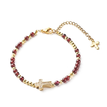 Cross Cubic Zirconia Beaded Bracelet for Girl Women, Natural  Garnet & Brass Beads Bracelet, Golden, 7-5/8 inch(19.5cm)