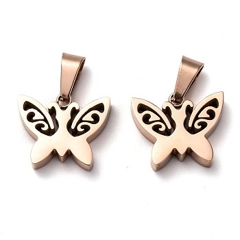 Ion Plating(IP) 304 Stainless Steel Pendants, Cut-Out, Hollow, Manual Polishing, Butterfly, Rose Gold, 13x15x3.5mm, Hole: 3x7mm
