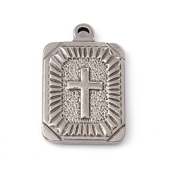 Non-Tarnish 304 Stainless Steel Pendant, Rectangle with Cross, Stainless Steel Color, 25.5x17x4mm, Hole: 1.8mm