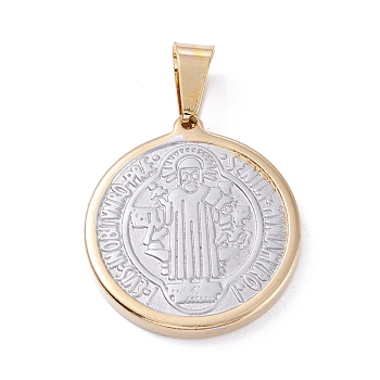 Vacuum Plating 304 Stainless Steel Pendants, Flat Round with Saint Benedict Medal, Golden & Stainless Steel Color, 27.5x25x3mm, Hole: 8x4.5mm