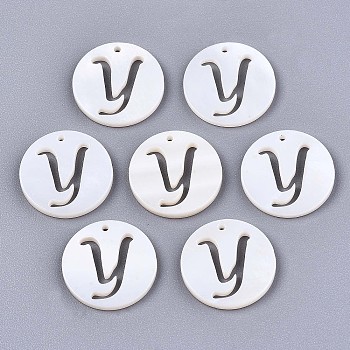 Natural Freshwater Shell Charms, Flat Round with Hollow Out Letter, Letter.Y, 14.5x1.5mm, Hole: 0.9mm