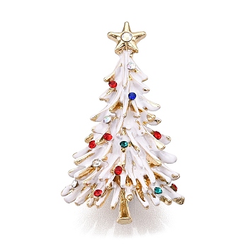 Christmas Tree with Star Enamel Pins, Alloy Rhinestone Brooches for Backpack Clothes, White , Golden, 41x23.5mm