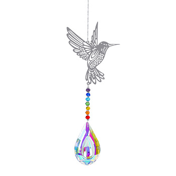 Metal Big Pendant Decorations, Hanging Sun Catchers, Chakra Theme K9 Crystal Glass, Hummingbird, Colorful, 42cm