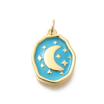 Rack Plating Brass Enamel Pendants, with Jump Ring, Long-Lasting Plated, Lead Free & Cadmium Free, Oval with Moon & Star Charms, Real 18K Gold Plated, Turquoise, 18.5x14x3mm, Hole: 3.5mm