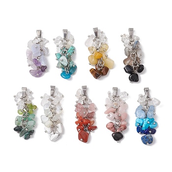 9Pcs 9 Styles Gradient Color Mixed Gemstone Chip Pendants, Gems Tassel Charms with 304 Stainless Steel Snap on Bails, Stainless Steel Color, 44x13x13mm, Hole: 7.5x4.5mm, 1pc/style