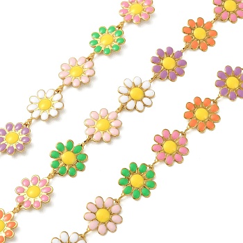304 Stainless Steel Daisy Flower Link Chains with Enamel, Unwelded, with Spool, Golden, Colorful, 14x10x1mm, about 3.28 Feet(1m)/Roll