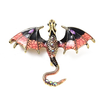 Dragon Enamel Pins, Antique Golden Plated Alloy Rhinestone Brooch for Unisex, Salmon, 61x71x11mm