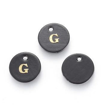 Freshwater Shell Charms, with Gold Blocking Letter, Dyed, Flat Round, Black, Letter.G, 11x1.5mm, Hole: 1.5mm